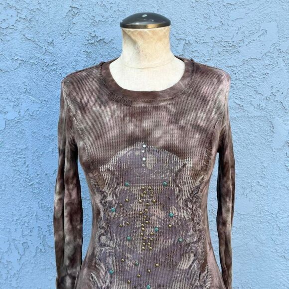 Y2k Tie Dye Waffle Knit Shirt Thermal embellished ed hardy style Large - Picture 2 of 8